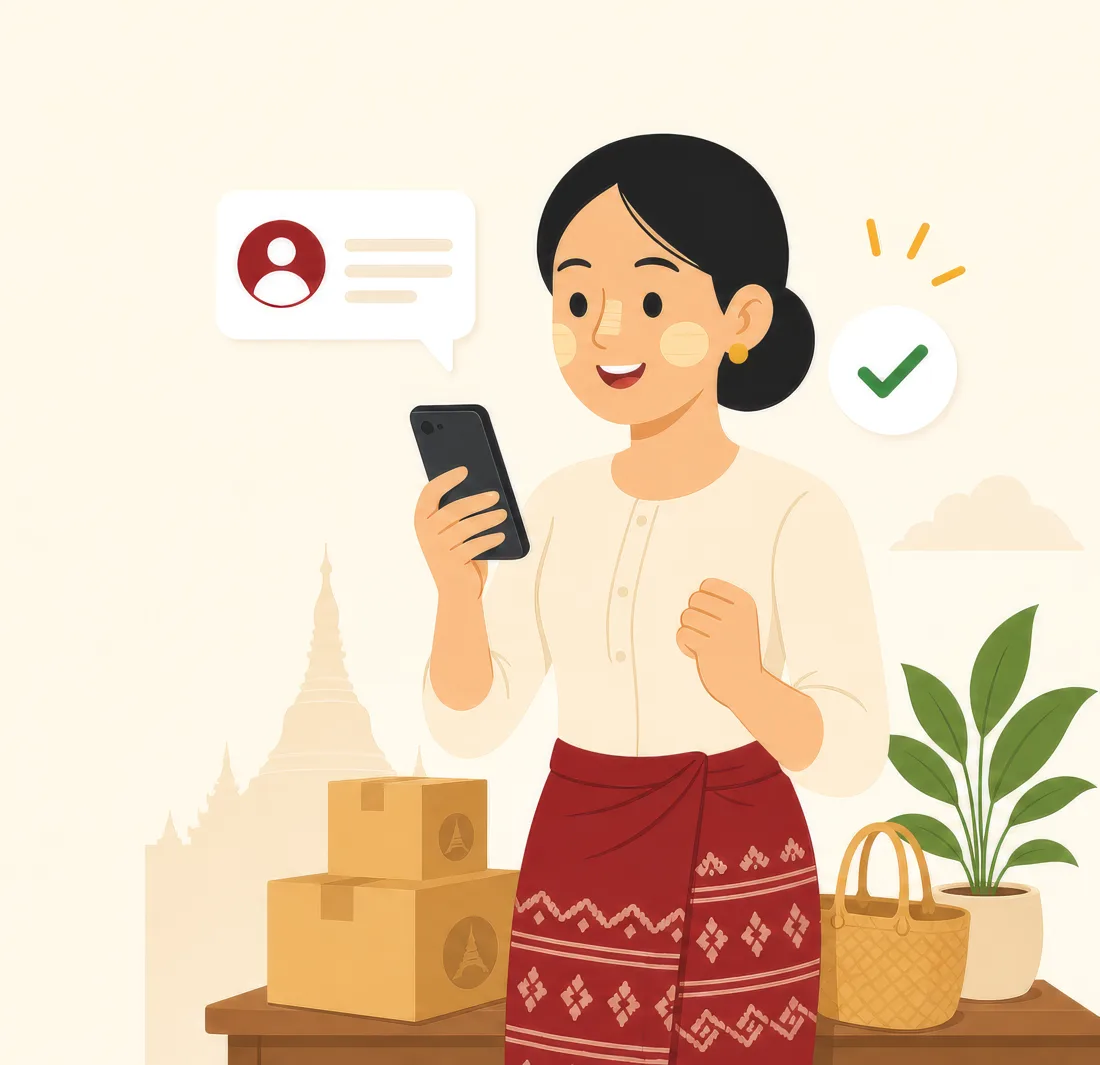 Myanmar seller confirming a payment on her phone